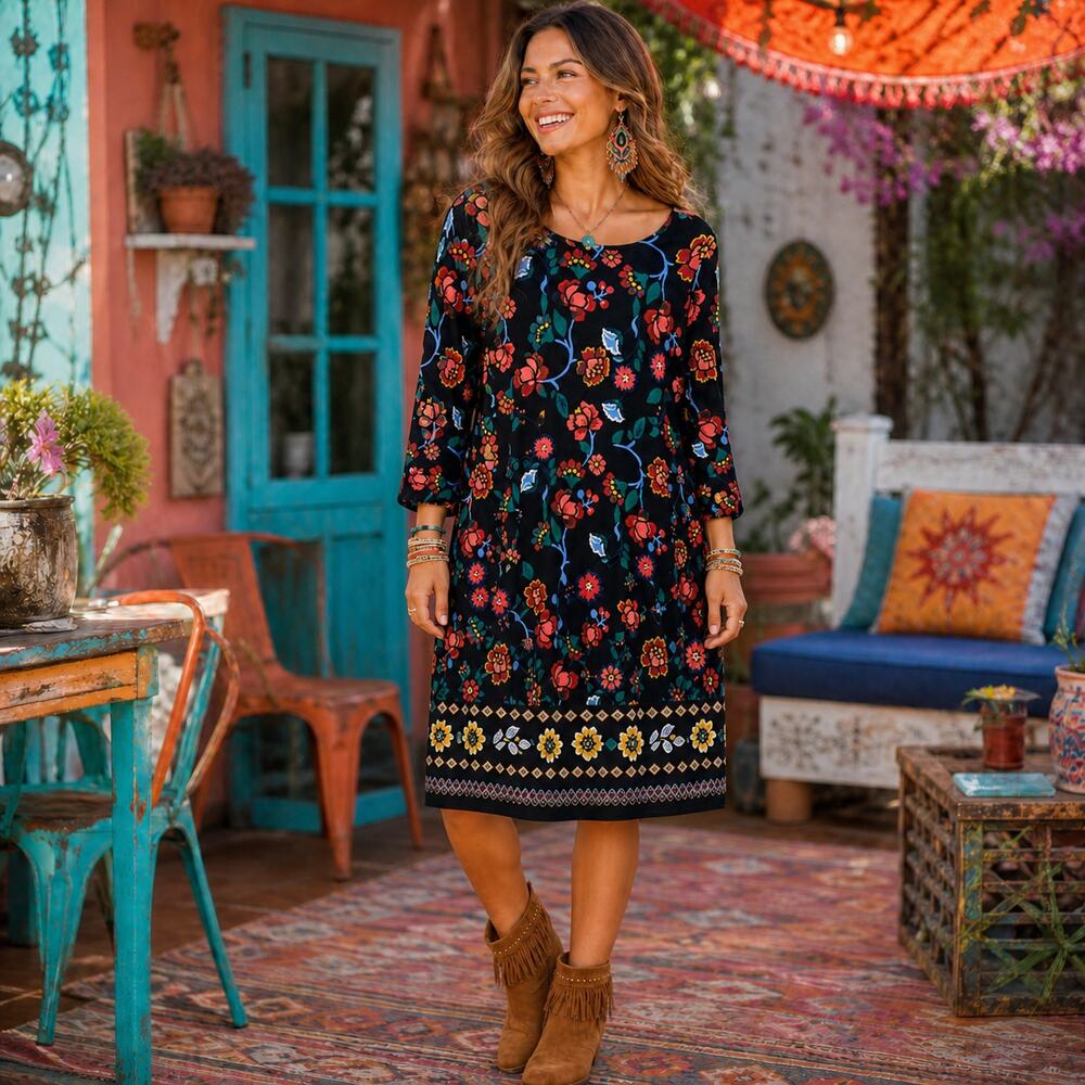 LOFT Black Floral-Print Long Sleeve Tunic‎ Dress Size XSP